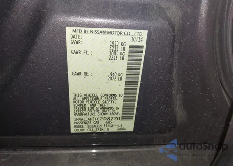 2015 Nissan Altima 2.5 S z USA, uszkodzony, nr VIN 1N4AL3AP5FC208770